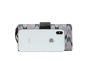 Detail of chevron pattern wallet phone case with wrist strap and magnetic buckle