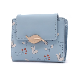 Portefeuille femme en cuir PU bleu clair avec imprimé floral et boucle dorée