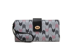Detail of the chevron patterned long wallet showing pink and grey tones with a wrist strap