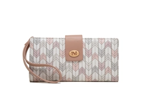 Detailed close-up of pink geometric PU leather wallet with PI logo metal buckle