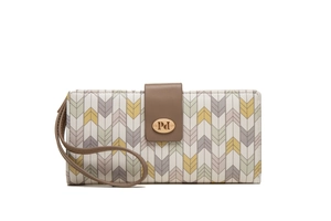 Detail of colorful geometric pattern long wallet with gold buckle and hand strap