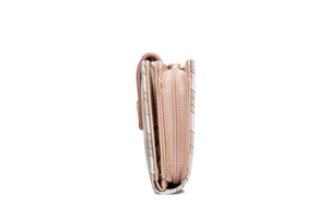 Detail view of pink and grey striped women's folding wallet with zipper pocket