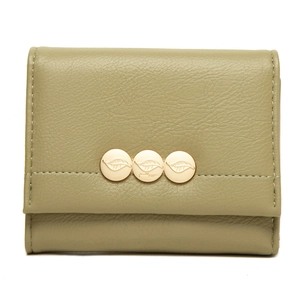 Close-up of olive green litchi grain leather wallet with golden leaf hardware details