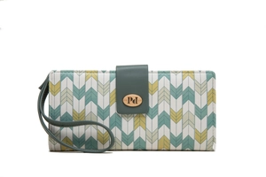 Detail view of chevron patterned long wallet with dark green strap and gold metal clasp