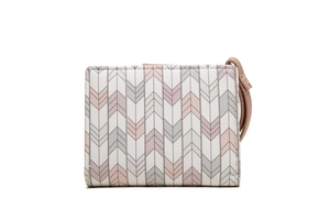 Detail of white faux leather wallet with grey-pink chevron pattern and pink wrist strap