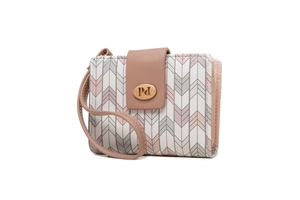 Detailed view of pink geometric print wallet with gold metal logo and leather wrist strap