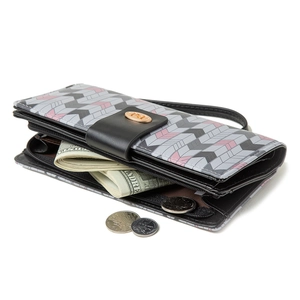 Women's long quilted wallet in geometric grey and pink pattern with wristlet strap