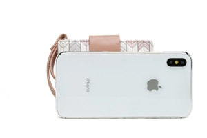 Detail of PU leather wallet phone case with geometric pattern, magnetic clasp and wrist strap