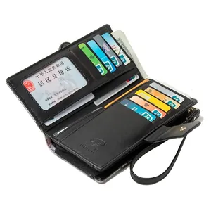 Black long faux leather wallet for women with multi-card slots and wrist strap