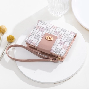 Women Short Wallet PU Leather Chevron Print Geometric Folded Purse With Wristlet Strap Multi Card Holder Snap Buckle