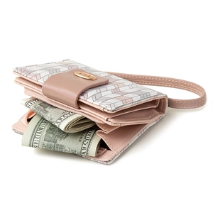 Pink chevron pattern folding wallet for women with wristlet and multi-card slots