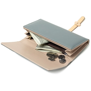 Portefeuille long pour femme en similicuir bleu avec fentes pour cartes et billets