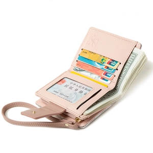 Pink PU leather folding wallet for women with multi card slots and detachable wristlet