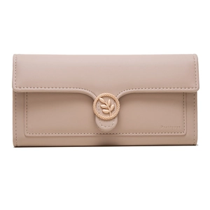 Detail of nude pink long wallet featuring a leaf buckle and brand logo engraving