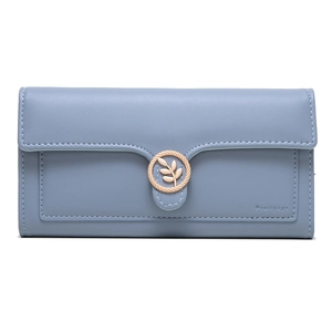 Detail of light blue tri-fold wallet featuring a golden leaf buckle and embossed logo