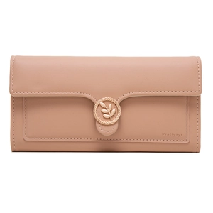 Close-up of pink long wallet with metal leaf buckle and embossed logo detail