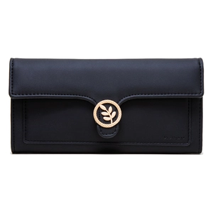 Detail of black matte PU leather wallet featuring a gold leaf buckle and neat stitching