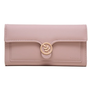 Elegant long trifold wallet for women featuring a leaf metal buckle in dusty rose finish