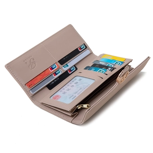 Pale pink long trifold wallet for women with multiple card slots and leaf buckle