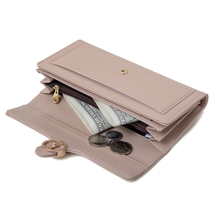Pink faux leather long tri-fold wallet for women with gold leaf clasp and coin compartment