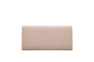 Detail of the stitching and leaf buckle on the long trifold pale pink faux leather wallet