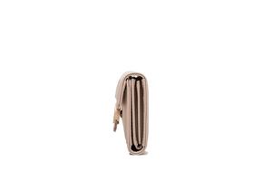Side view of long tri-fold wallet showing multi-layered compartments and metal leaf buckle