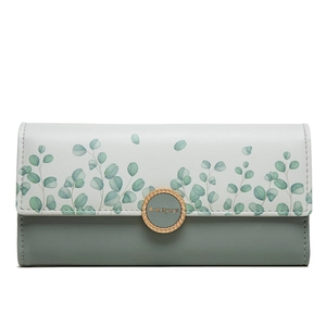 Women Fashion PU Leather Long Wallet Elegant Floral Leaf Print Clutch Wallet Contrast Color Trifold Multi Card Holder Wallet
