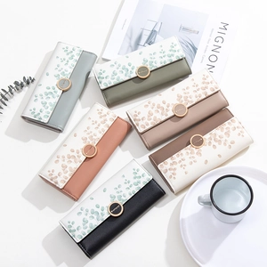 Women's trifold PU leather long wallets with leaf print and metal buckle in six colors