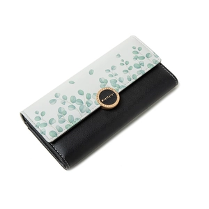 Women's long tri-fold wallet with green leaf print and gold logo clasp in black PU leather