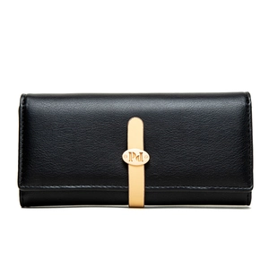 Detail of black pebbled leather wallet with beige strap and gold metallic buckle closure