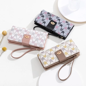 Three long PU leather quilted wallets for women with geometric patterns and hand straps