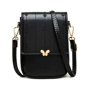 Détail du sac de téléphone en cuir PU noir avec fermoir papillon et broderie de plantes