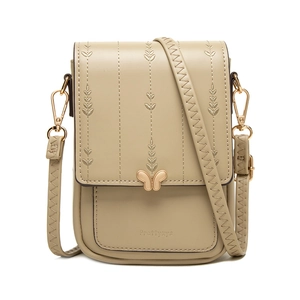 Détail de la pochette téléphone en PU kaki avec broderie feuille et fermoir papillon