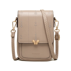 Détail de la pochette téléphone en cuir PU kaki avec broderie feuille et fermoir papillon doré