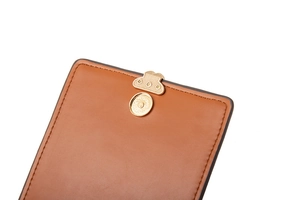 Détail macro du sac de téléphone en cuir brun avec fermoir magnétique doré en forme de nuage