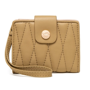 Detail of khaki quilted leather wallet with leaf clasp and matching wrist strap