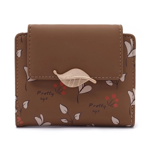 Brown PU leather short wallet with floral print and golden leaf clasp for women
