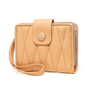 Quilted apricot faux leather short wallet with wristlet and zipper compartment