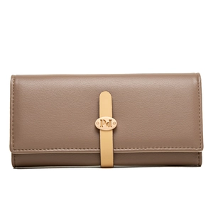 Close-up of brown litchi pattern leather wallet with gold metal logo buckle and fine stitching