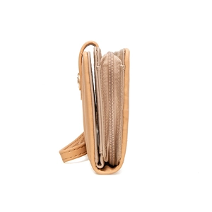 Side view of multi-layer leaf buckle wallet showing lychee grain texture and zipper detail