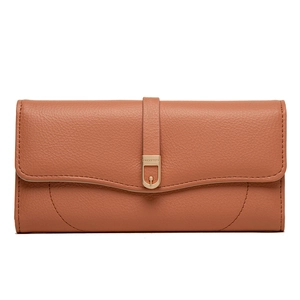 Long leather wallet for women in caramel brown with U-shaped gold metal buckle