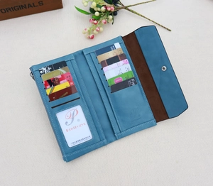 Interior layout of blue leather wallet with multi-card slots and zippered coin pocket