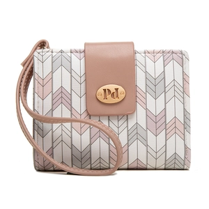 Women's PU leather wallet with pink geometric pattern, zipper closure, and wrist strap