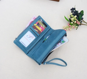 Deep blue long wallet with multiple card slots and smartphone compartment details