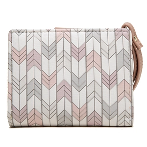 Women's trifold wallet with pink chevron pattern and detachable wrist strap strap
