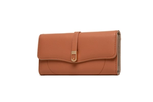 Close-up of caramel leather long wallet with lychee grain texture and gold horse-shoe buckle