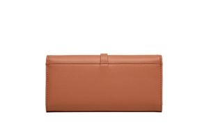 Detailed back view of a tan pebbled leather long wallet showing a flat slip pocket