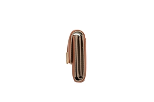 Side view of brown leather tri-fold long wallet showing multiple interior compartments