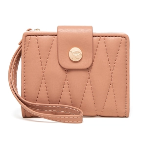 Pink quilted PU leather short wallet for women featuring a leaf snap and wrist strap