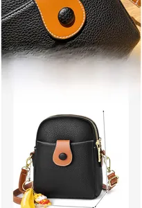 Detailed view of black lychee grain phone bag with 19cm height and 8cm width dimensions